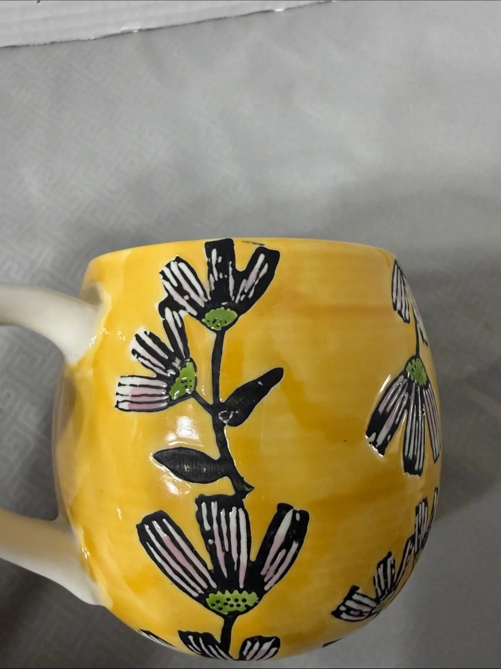 Vintage Potter’s Studio Boho Ceramic Mug Cup Yellow Floral Pattern Hand Painted